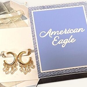 American Eagle Hoops with Pearl Drops Dangles Earrings Post Gold Tone Hoop